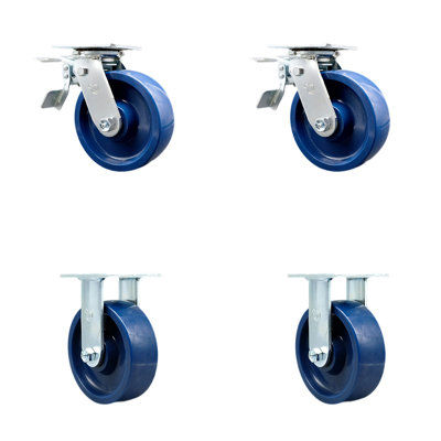 6 Inch Solid Polyurethane Caster Set with Roller Bearings 2 Brakes 2 Rigid SCC