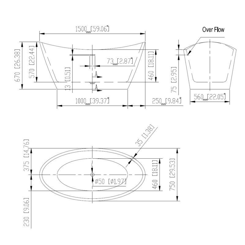 59'' x 30'' Freestanding Soaking Plastic / Acrylic Bathtub
