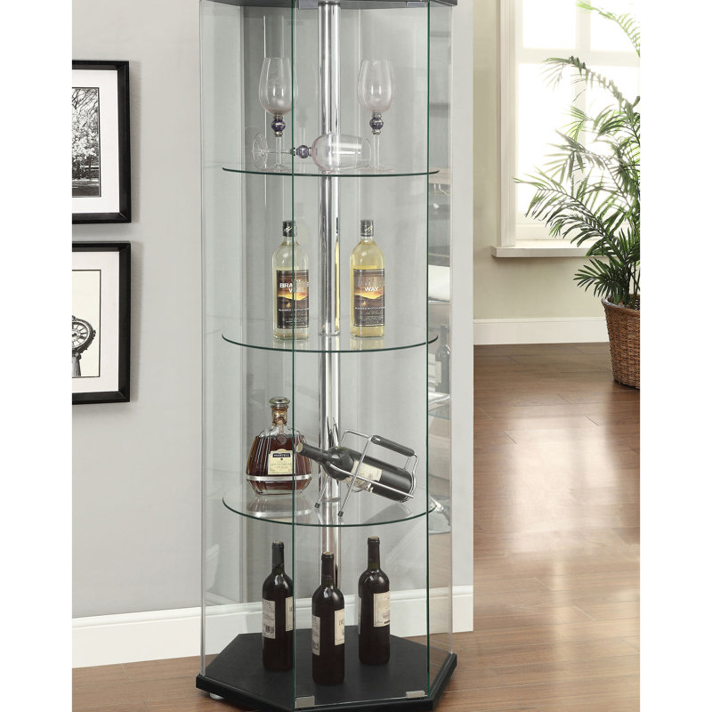 Black Glass 4-Shelf Curio Cabinet With Hexagonal Shape For Display In Primary Rooms Unique Storage Main Living Environments