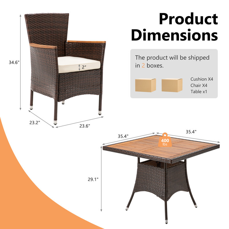 Ensemble repas d'extérieur carré pour 4 personnes avec coussins Adrista, Brun