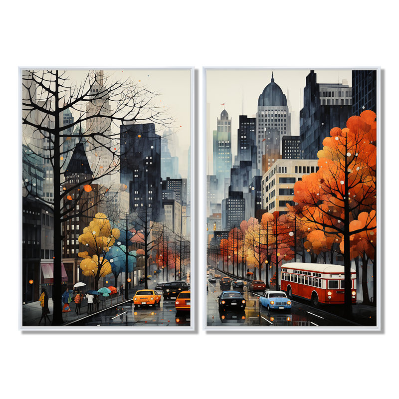 Ensemble de 2 décorations murales Bold Cityscape Urban Fog III - Orange, 36" H x 48" W, Impression encadrée flottante, White