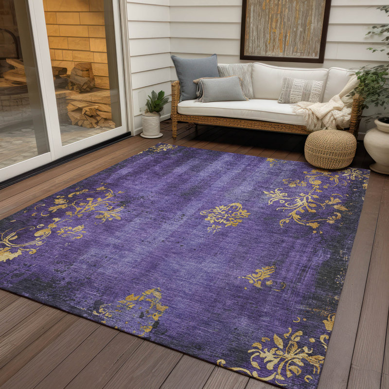 Purple Floral Washable Indoor/Outdoor Rectangular Rug