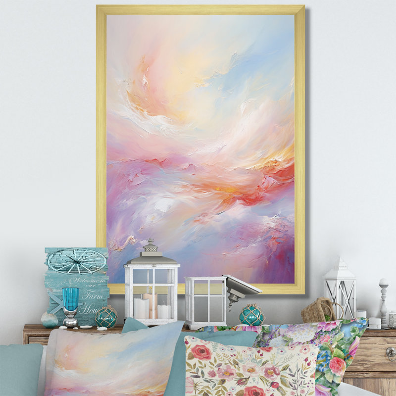 Hurman abstrait rose et bleu nuages - reproduction sur toile, H 32 po x l 16 po x P 1 po, Encadrement doré