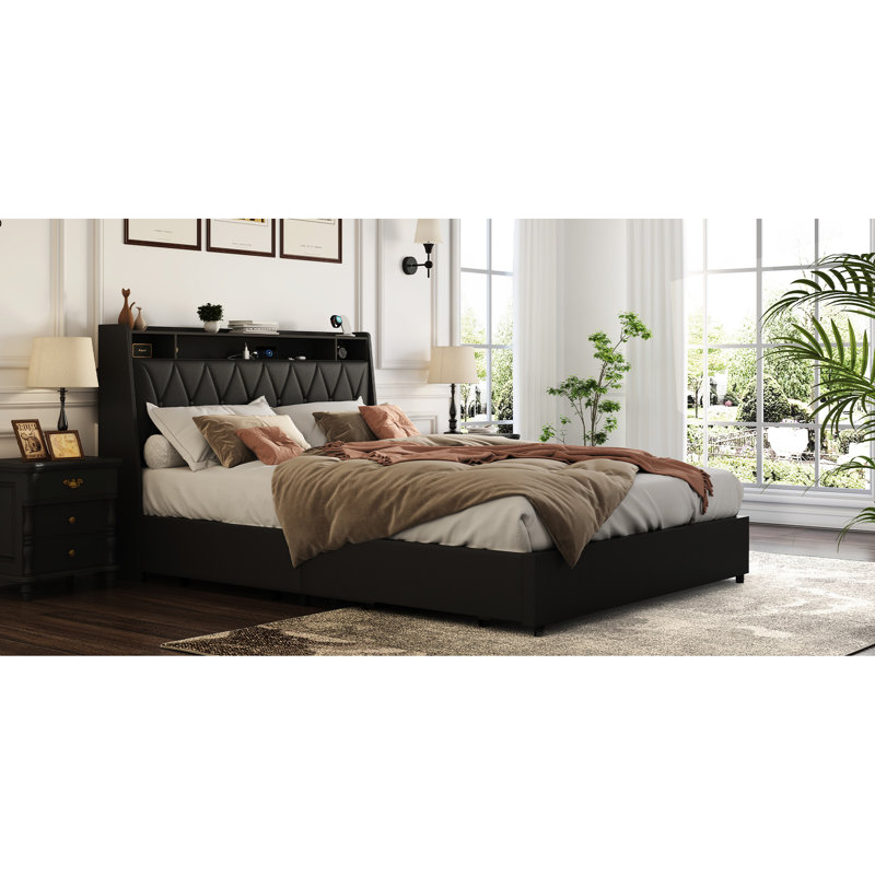 Full Size Bed Frame With Headboard, Storage, And , Noise- Metal, Black, No Box Spring Requirement, Bedroom Creativity Ergonomic & , Needed, Outlets Storage Shelf, Black Metal
