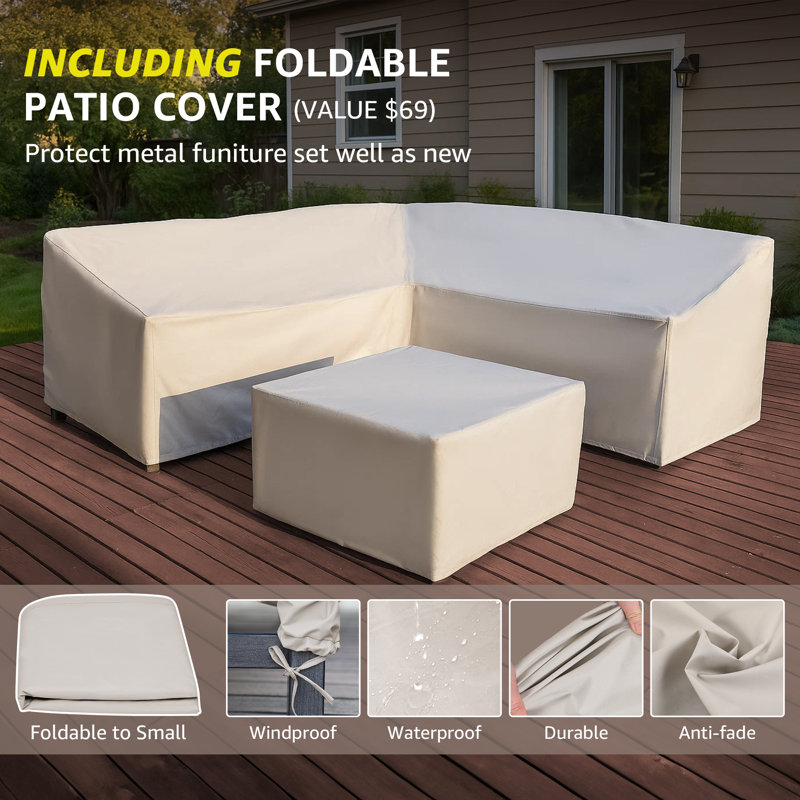 Nolensville Outdoor 5-Person L-Shaped Patio Conversation Set, Shale Cushion/Black Frame