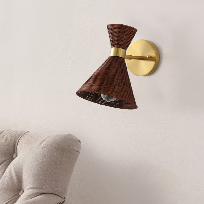 Abbighail 10" 1-Light Mid-Century Vintage Retro Rattan/Metal LED Sconce with Adjustable Shade, Dark Brown