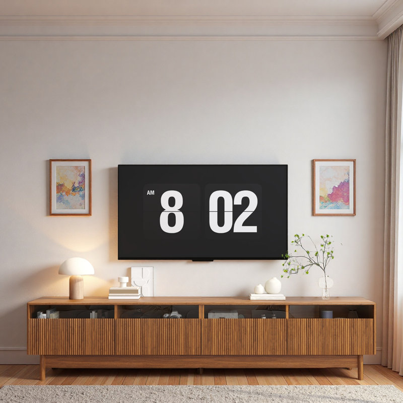 Meuble télé moderne avec tiroirs en verre et pieds en bois