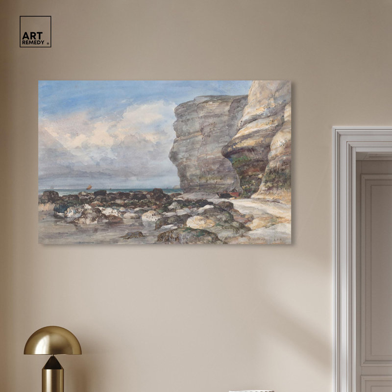 Large Coastal Rocky Beach Canvas Art in Blue and Beige