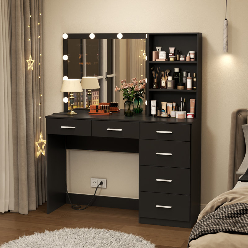 Bimini Vanity Desk with Storage Shelves, 6-Drawers Dressing Table, Black