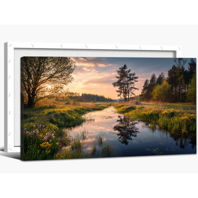 GUTTATY Spring Landscape Wall Art, Nature Canvas Wall Decor Serene River Scene Pictures, Vibrant Grass Forest and Flowers Painting Artwork Decoration for Living Room or Bedroom, 30x60 inches