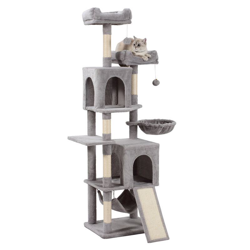 70" H Cat Tree Tower with Hammock, Scratching Post, Condo and Multi-Level Cat Tower, Light Grey