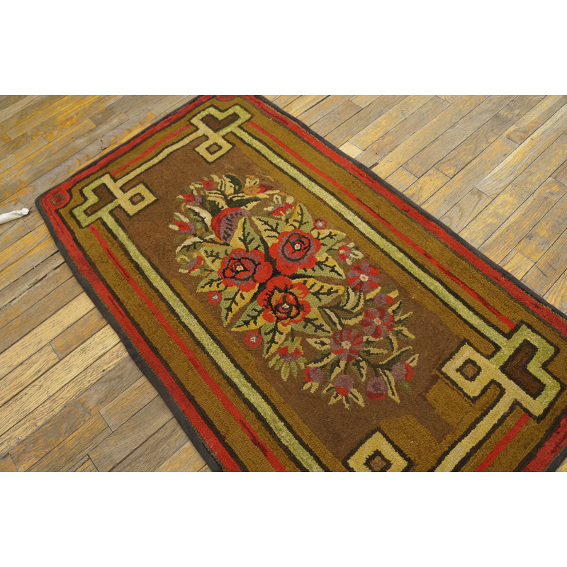 1890s Hooked Small Scatter Size American Wool Antique Rug