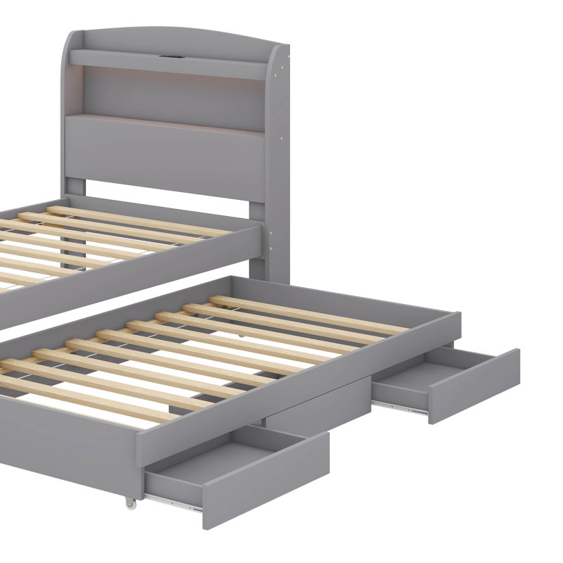 Un élégant lit plateforme simple avec rangement intégré et une élégante tête de lit à DEL, Gris