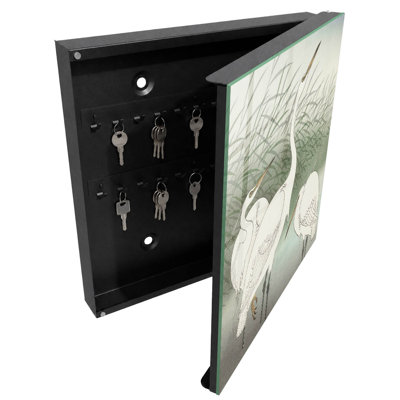 Key cabinet for wall, Opens to the right, 30x30x5, Black, Three herons among the delicate grasses, 