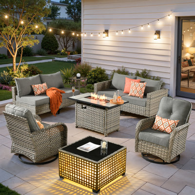 Ensemble de mobilier de patio pour 6 personnes avec chaise berçante pivotante, ensemble de conversation modulaire en rotin et osier avec coussins, ensemble de conversation pour canapé toutes saisons avec foyer pour table de jardin	