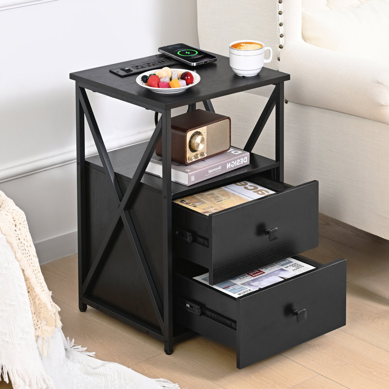 LED Nightstand, Night Stand with Wireless Charger, End Table with Storage, Black