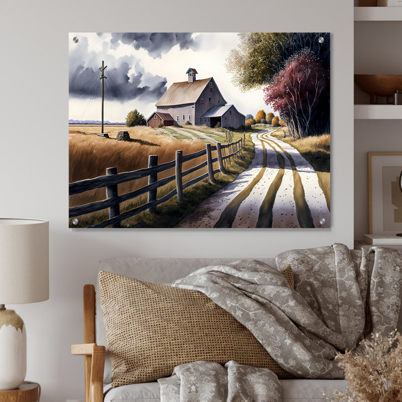 Calm Red Barn In Spring VII - Barn Landscape Acrylique, art mural, H 12 po x l 20 po