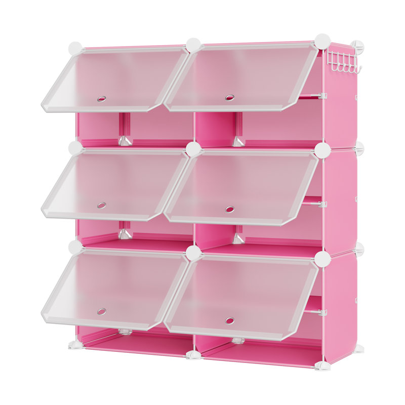 6-Cube Modular Shoe Storage Cabinet, Pink Plastic Shoe Organizer with Transparent Doors & Side Hooks, Stackable Shoe Rack with Top Shelf for Entryway, Closet, Bedroom