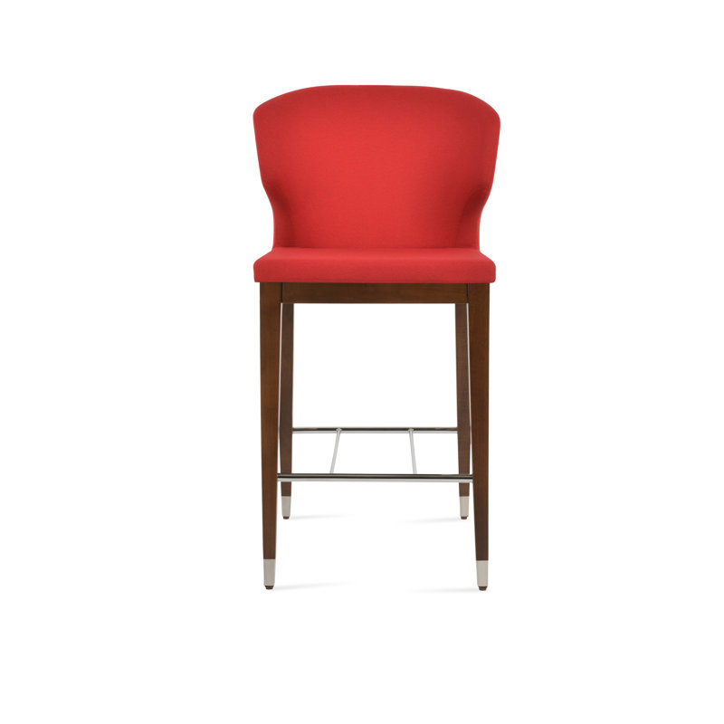 Tabouret de bar et de comptoir en bois Amed avec anneau chromé, Rouge d’époque