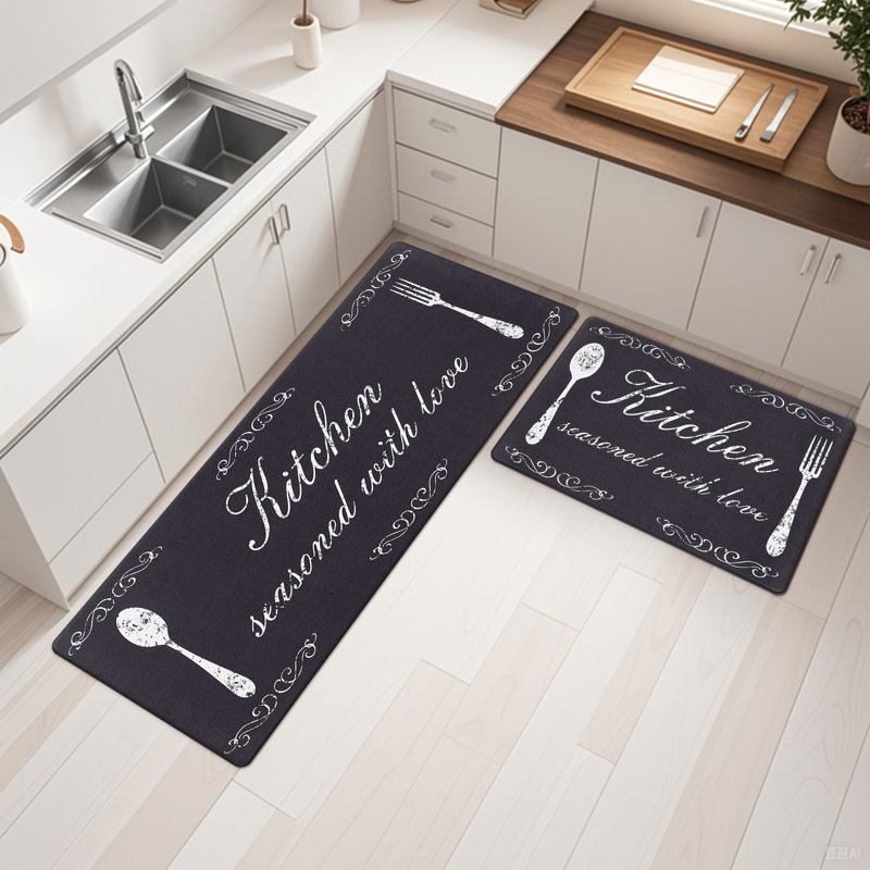 Anti-Fatigue Non-Skid Waterproof Kitchen Mat (Set of 2), Black, Runner 17" x 28" + 17" x 48"