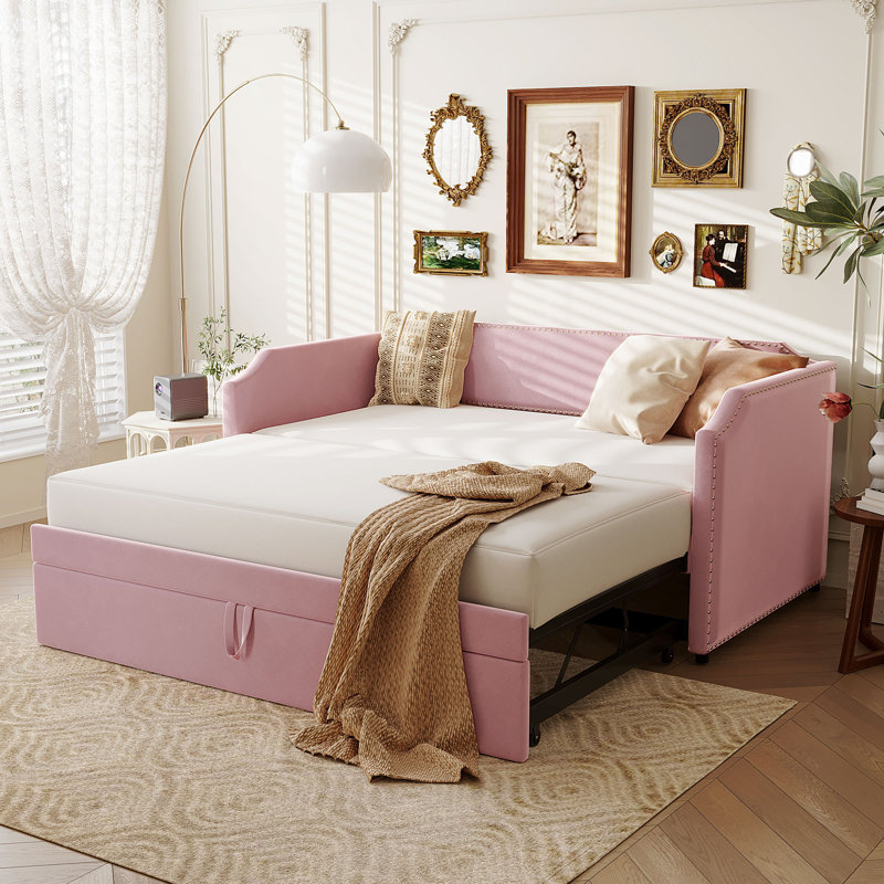Lit de jour simple en velours rose rembourré avec couchette escamotable, Rose