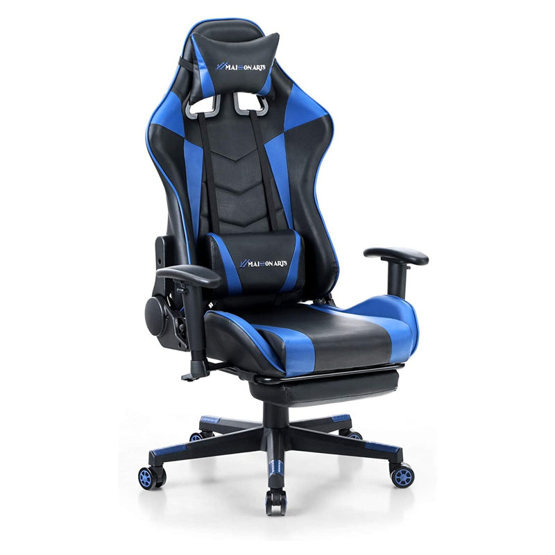 Inbox Zero Game Chairs Adjustable Reclining Ergonomic Faux Leather Swiveling PC & Racing Game Chair with Footrest, Black/Blue
