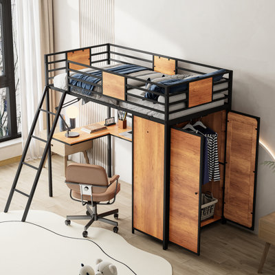Lit mezzanine simple moderne noir avec bureau et garde-robe - Design sophistiqué pour un espace de chambre fonctionnel en forme de L