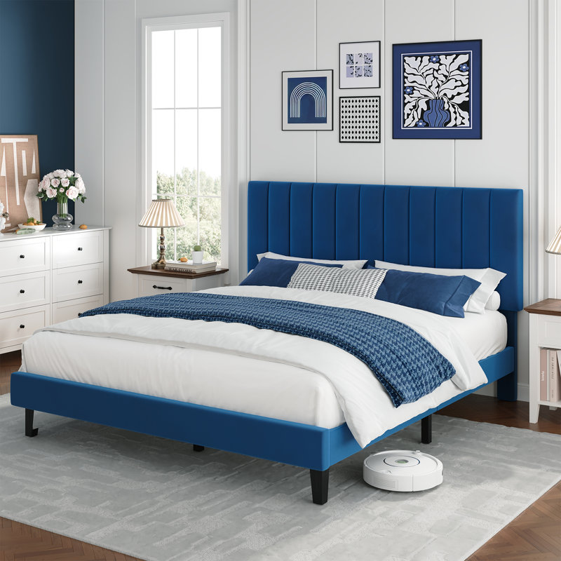 Queen Size Bed Frame Velvet Upholstered Platform with Adjustable Vertical Channel Tufted Headboard, No Box Spring Needed, Navy Blue
