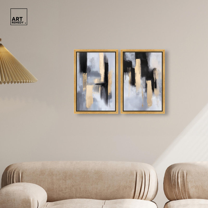 Ensemble d'impressions sur toile « Onyx and Aureolin » : ensemble d'art abstrait bohème par Art Remedy, encadrement sur châssis, 24 x 36