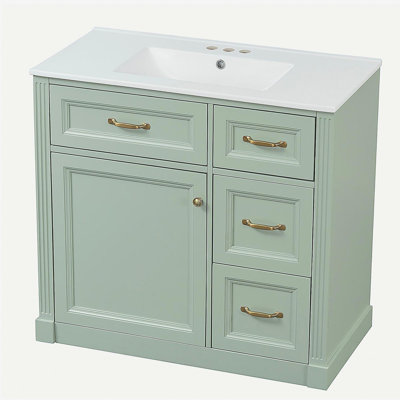 Meuble-lavabo de 36 pouces avec lavabo, armoire avec 4 tiroirs, porte à fermeture en douceur et tablette réglable, lavabo en céramique, meuble-lavabo moderne pour l'organisation de la salle de bain, finition verte