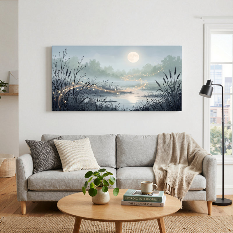 Ensemble d'un tableau sur toile « Rivière au clair de lune », L 32 po x H 16 po, Toile tendue