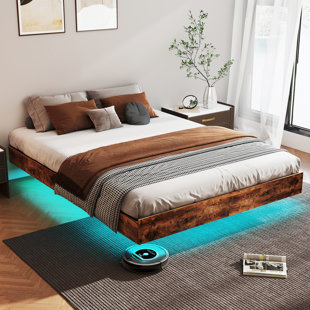 Floating Bed Frame with LED Lights Metal Slats Underbed Storage Space No Box Spring