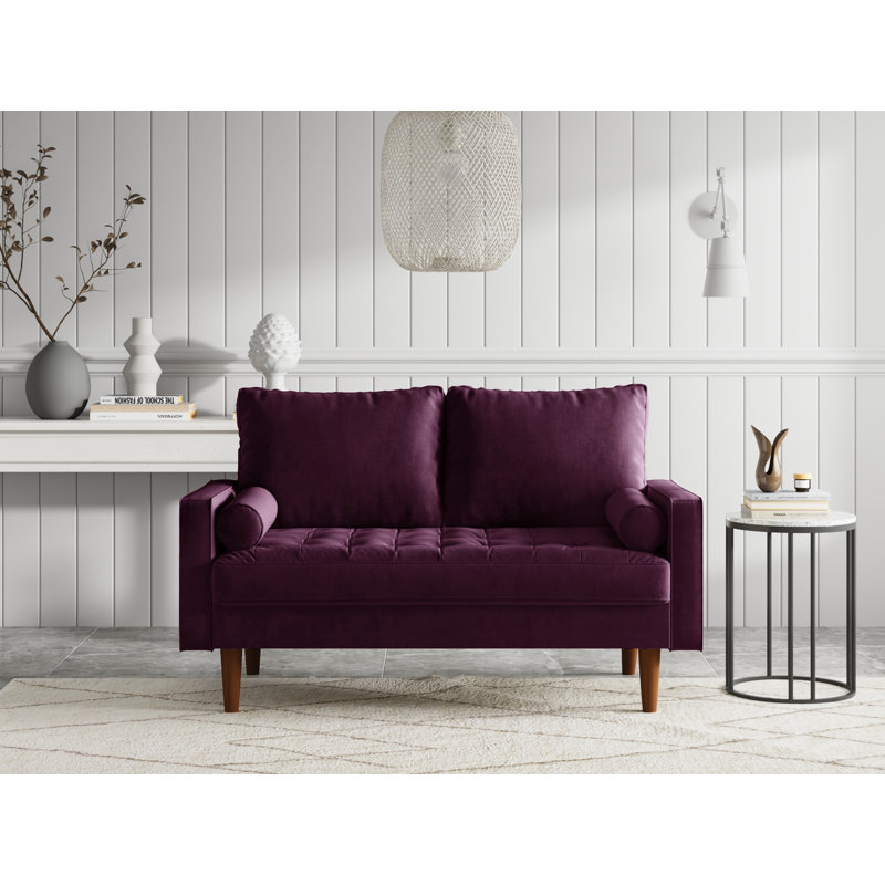 Brighton 58" Mid-Century Modern Velvet Loveseat, Tufted Square Arm Apartment Sofa with 2 Bolster Pillows, Eggplant Velvet