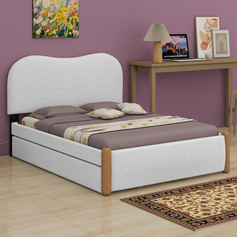 Lit plateforme tapissier avec pieds de soutien en bois et lit gigogne