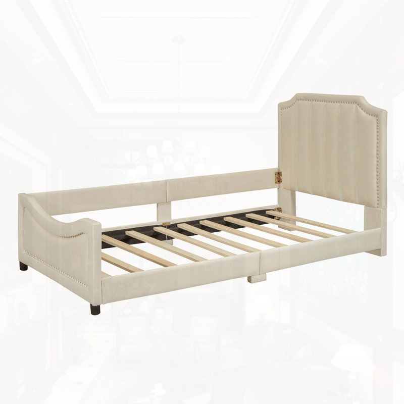 Lit de jour simple rembourré avec tête de lit à rayures classique, Beige