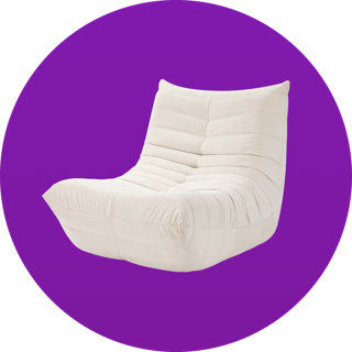 Off-white tufted low-profile armless lounge chair set against a solid purple circular background.