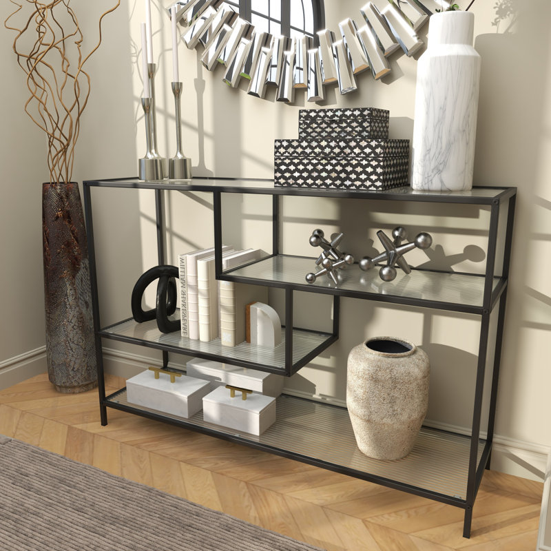 Black Metal 4 Shelf Storage Shelving Unit with Clear Glass Shelves