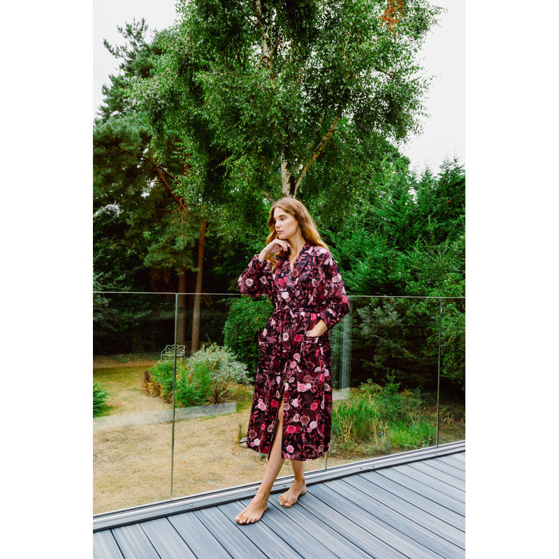 100% Cotton Velour Mid-Calf Bathrobe with Pockets, L