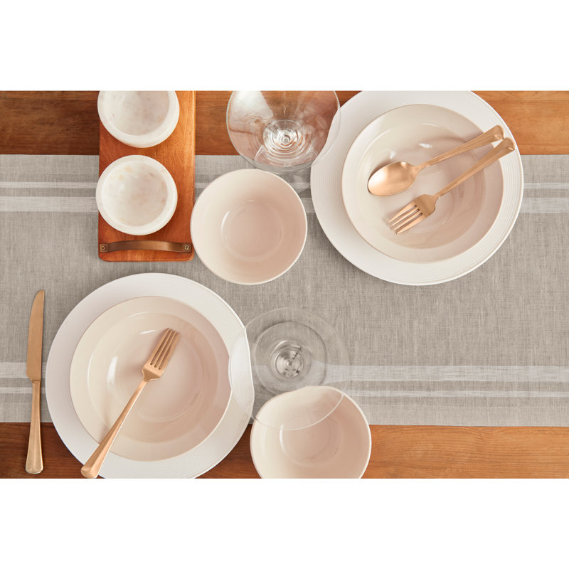 White and Natural French Stripe Linen Table Runner 14 x 36 Inch