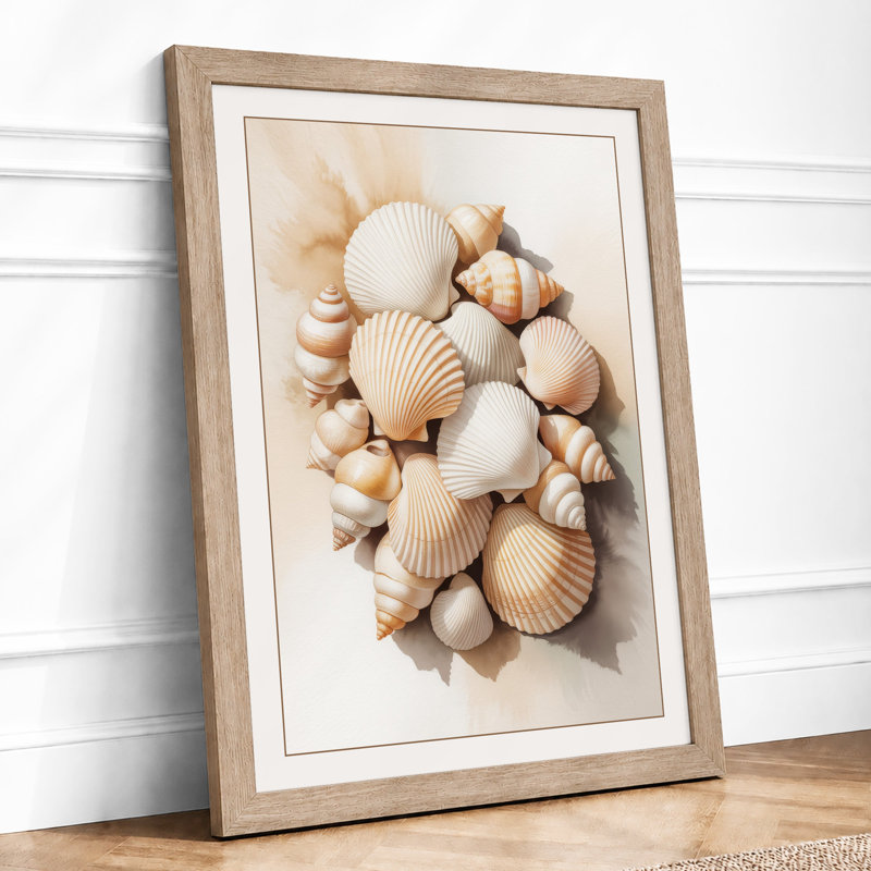 Shells in Circle Coastal - Framed Print, A3 - 42.0 x 29.7 cm, Oak