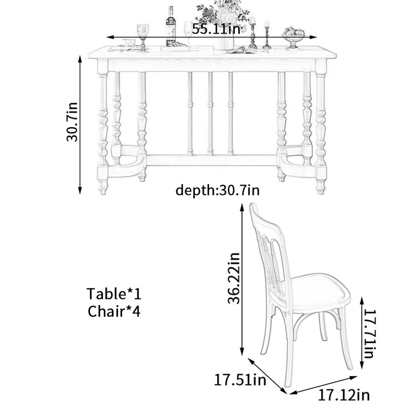 Ensemble de table de salle à manger classique en bois massif de style crémeux, Crème, 5, 30,7 po H x 55,11 po L x 30,7 po l