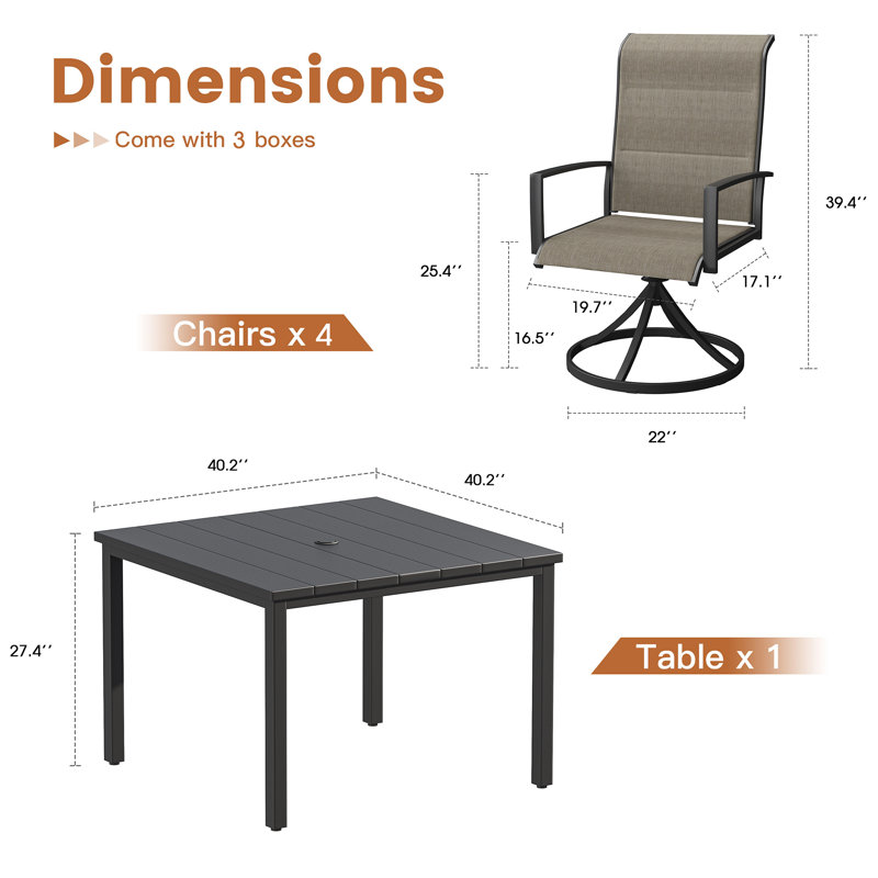 4-Person Patio Dining Set with Square Metal Dining Table and 4 PVC-coated polyester Swivel Chairs , Black/Brown