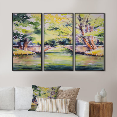 «Bridge Over River In Green Park», ensemble d'art mural sur toile encadré traditionnel de 3