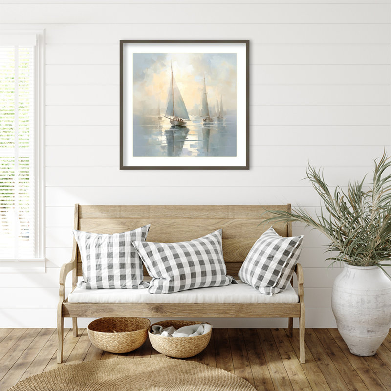 Reproduction d'art encadrée en bois «Silent Sailing Boats I» par Steve Hunziker, H 33 po x l 33 po
