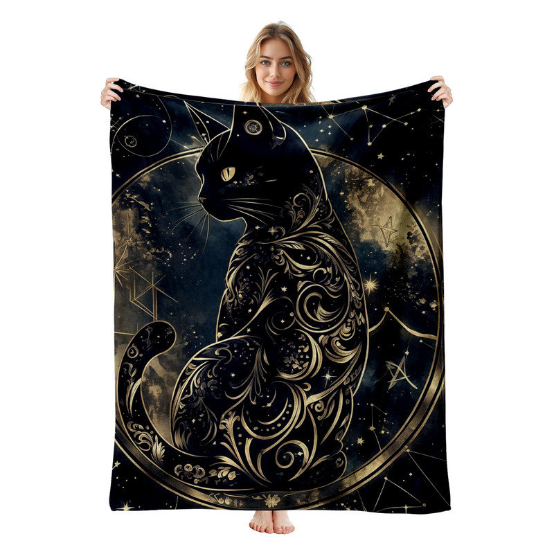 Plaid en flanelle polaire JYK pour l'Halloween, léger, respirant, doux, chaud et confortable en microfibre peluche, 101,6 cm x 127,2 cm, motif de chats et constellations.