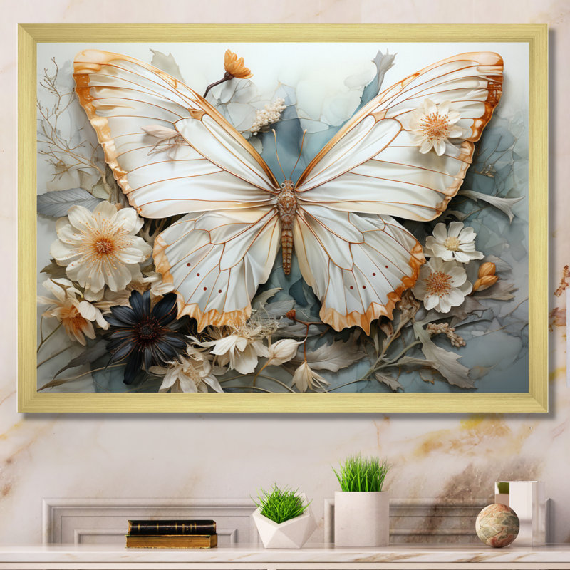 «Bisson White Gray Butterfly», reproduction sur toile encadrée, Cadre photo unique, H 12 po x l 20 po, Doré
