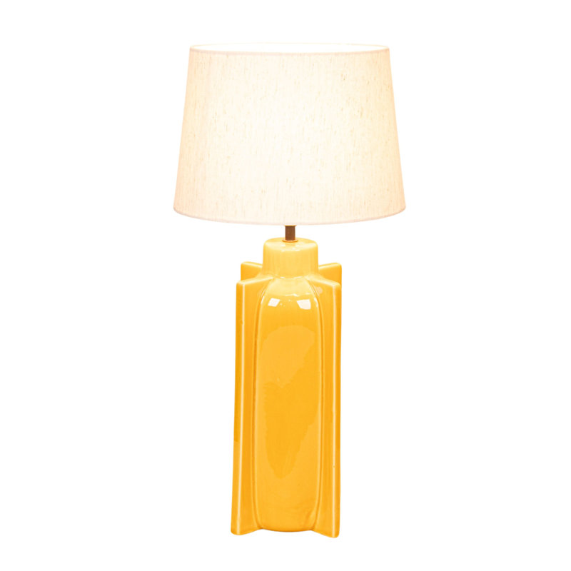 Lampe de table jaune en céramique avec base croisée et abat-jour en lin