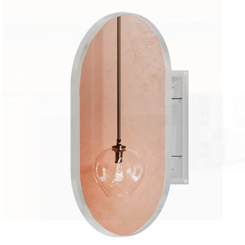 Oval Recessed Metal Framed Bathroom Wall Cabinet With Mirror And Adjustable Shelves, Perfect For Modern Bathrooms And Efficient Storage.