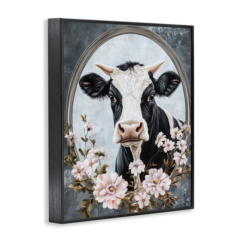 «Flower Horned Cow Portrait», estampe numérique par Petal Prints Design, H 30 po x l 24 po, Giclée encadrée noir minuit