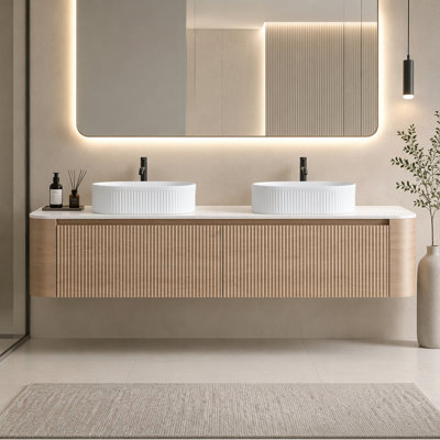Bathroom Vanity with Sink, Honey  Wall Cabinet with Free Towel Rack, Double  Oval Striped Ceramic Basins Design, without Drain and Faucet, Pre-assembled